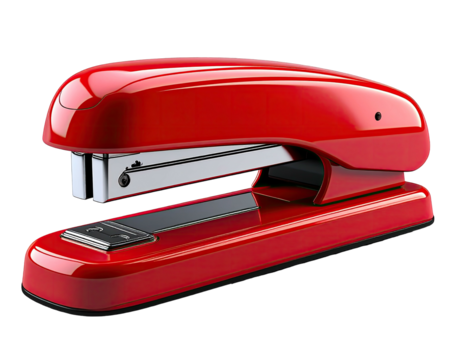 Close-up studio shot of a shiny, bright red stapler on black background