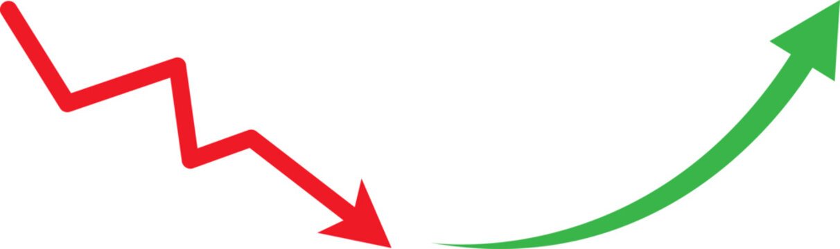 Red downward arrow and green upward arrow illustrating market trends
