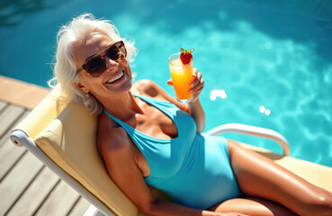 Happy senior woman in blue swimsuit reclines on lounger with orange drink. She smiles wearing sunglasses by pool. Sunny day vacation enjoyment.