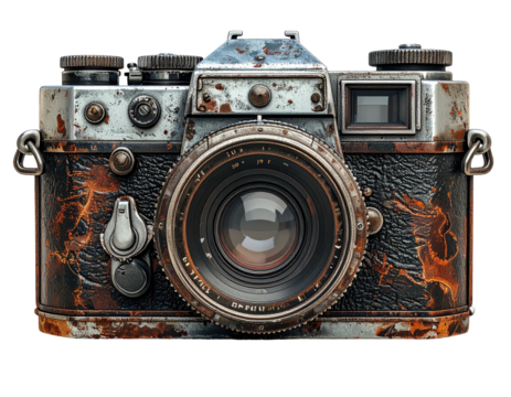 A weathered, vintage camera, showing signs of rust and age. Focused on the lens. Close-up