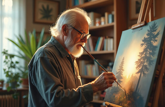 Elderly man with white beard and glasses paints forest landscape on canvas. He holds brush, focused on artwork creation at easel indoors. Senior artist enjoys hobby, creative pursuit.