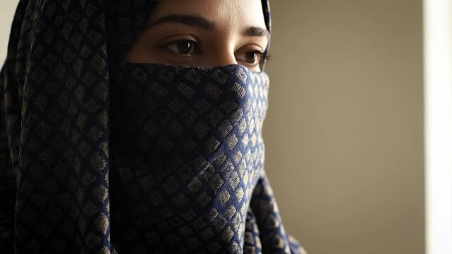 Close up of a woman wearing a hijab and niqab looking thoughtfully.