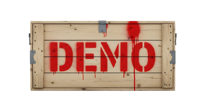 "demo" stenciled red spray paint on textured wooden shipping crate