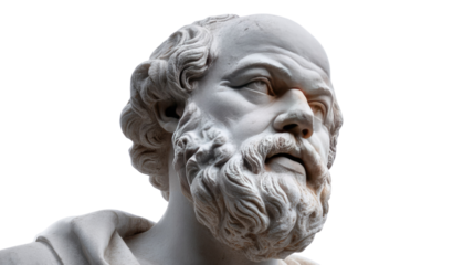 Ancient Wisdom in Stone: A close-up view of a classical marble bust, capturing the stoic gaze and timeless wisdom of an ancient philosopher. 