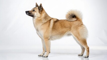 Photorealistic studio portrait of an alert and confident Norwegian Buhund dog isolated on a clean white background.