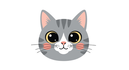Adorable grey tabby cat face, featuring captivating big yellow eyes and charming rosy cheeks, radiating sweetness on a clean white background.