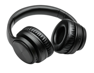 Black, over-ear headphones with cushioned earcups and headband against a dark background