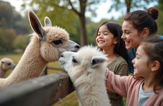 Happy family interacting with alpacas at a zoo. Mother and two daughters enjoy weekend activity at farm. Girls smiling touch fluffy animals. Family leisure outdoor with cute pets.