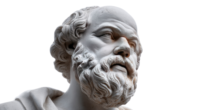 Ancient Wisdom in Stone: A close-up view of a classical marble bust, capturing the stoic gaze and timeless wisdom of an ancient philosopher. 