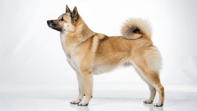 Photorealistic studio portrait of an alert and confident Norwegian Buhund dog isolated on a clean white background.