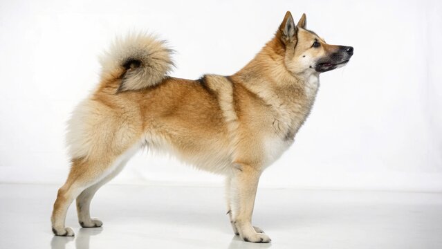 Photorealistic studio portrait of an alert and confident Norwegian Buhund dog isolated on a clean white background.