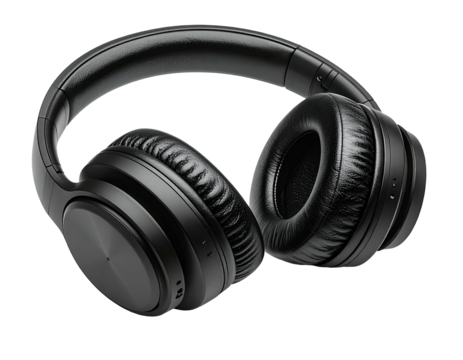 Black, over-ear headphones with cushioned earcups and headband against a dark background