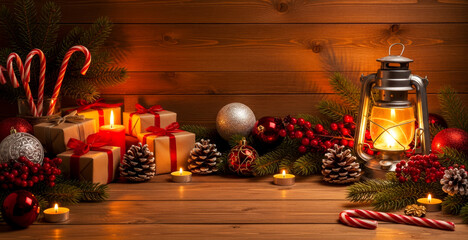 Snowy rustic Christmas background with vintage lantern, gifts, pine branches, ornaments, candy cane, candles, pinecones and berries. Background with copy space