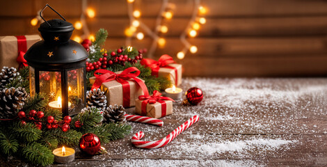 Snowy rustic Christmas background with vintage lantern, gifts, pine branches, ornaments, candy cane, candles, pinecones and berries. Background with copy space