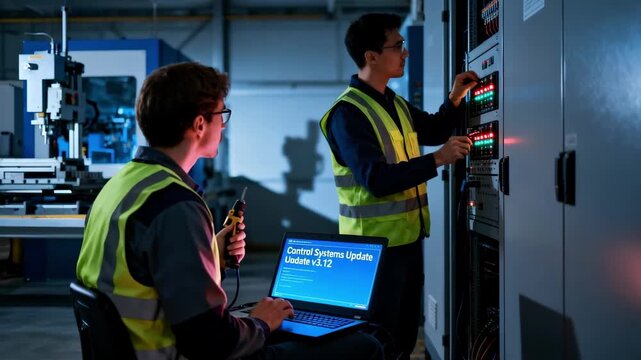 Technicians performing a control systems update overnight working efficiently on modern plant software and hardware under dim factory lighting.