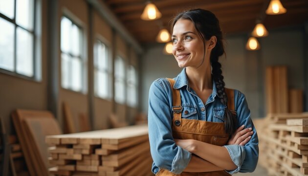 Young woman carpenter smiles, looking ahead in wood workshop. Female worker stands with folded arms among lumber planks. She is an artisan pro, proud of her craft and skill in construction.