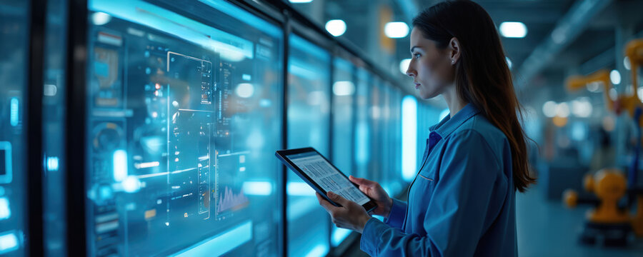 Female engineer monitors automated factory processes on digital screens and tablet. She checks real time data analysis for smart industry production. Future manufacturing tech.