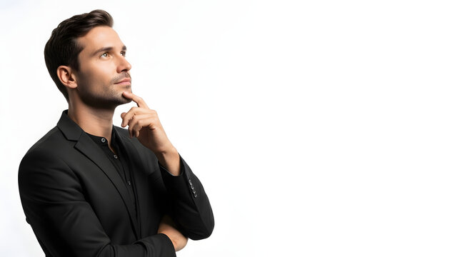 Thoughtful businessman in a suit looking up, contemplating against a white background with space for text