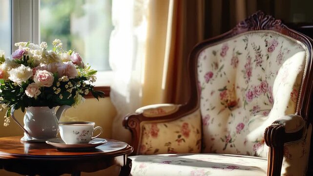 Luxurious living room furniture with vases of flowers as decor.