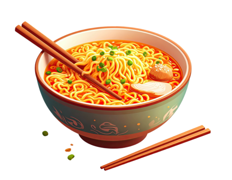 Animated image of ramen in a decorative bowl with chopsticks, and garnished with peas