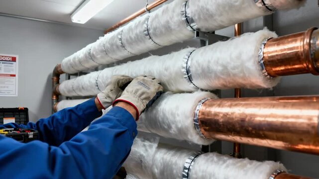 Technician wraps fiberglass pipe insulation around copper pipes ensuring compliance with building codes in a controlled indoor environment.