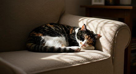Calico Cat Napping on Armchair in Sunlight