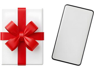 Red ribbon gift box and smartphone flat lay isolated on white background, ideal for e-commerce, holiday marketing, and promotions.