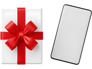Red ribbon gift box and smartphone flat lay isolated on white background, ideal for e-commerce, holiday marketing, and promotions.