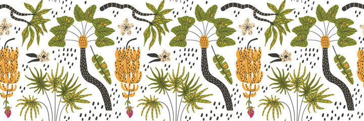 Jungle pattern with funky tropic leaves banana flowers and tropical palm design.