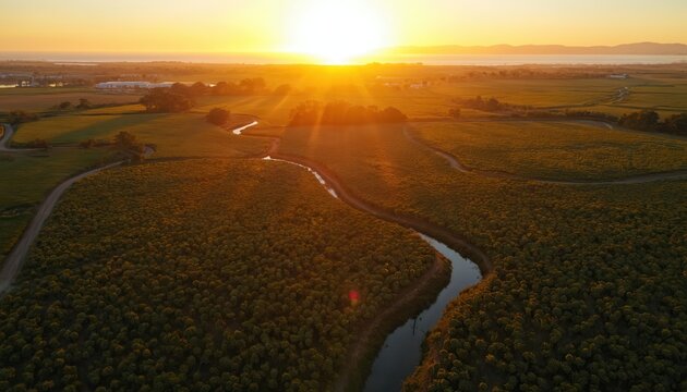 Aerial view of winding river through green fields at sunset. Sunbeams spread across landscape with distant ocean horizon. Rural countryside farm agricultural area.