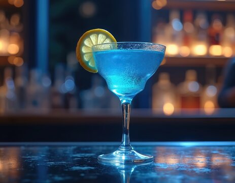 Blue cocktail with lemon garnish sits on bar counter. Glowing alcoholic beverage in fancy glass. Refreshing liquid ready for party at pub nightclub. Cold boozy drink for special celebration.