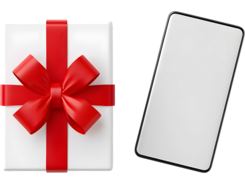 Red ribbon gift box and smartphone flat lay isolated on white background, ideal for e-commerce, holiday marketing, and promotions.