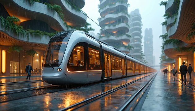 Modern tram moves on wet tracks in futuristic city center. People walk on wet sidewalk near green eco buildings. Orange lights glow on rainy day.