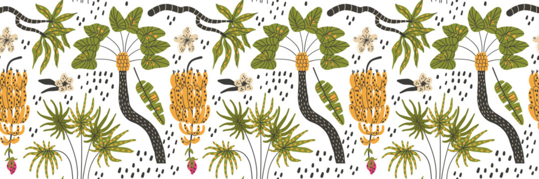 Jungle pattern with funky tropic leaves banana flowers and tropical palm design.