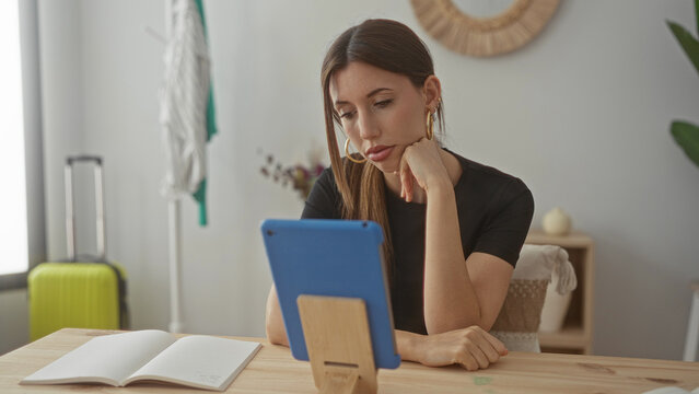 Young woman with hands on temples staring at a blue tablet on a wooden table next to an open notebook in building; stress frustration.