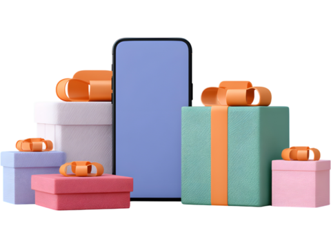 Smartphone surrounded by colorful gift boxes isolated on white background, symbolizing online shopping and holiday celebration.