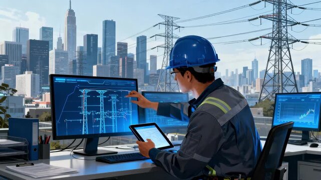 Technician using digital tools to strategize power distribution in densely populated city areas focusing on optimizing load management and outage prevention.