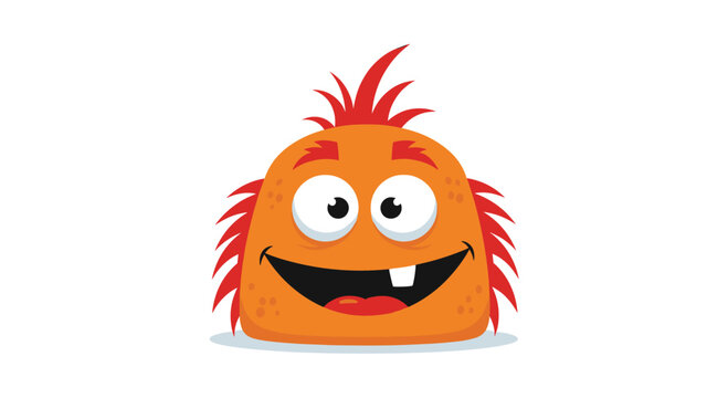 Cheerful orange fluffy monster with wild spiky hair and a prominent single tooth, expressing a wide, happy smile, ideal for lively children's media.