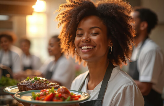 Young African American woman with curly hair smiles holding plates of cooked food in busy kitchen. Diverse group of people work together preparing meals. Warm lighting illuminates culinary team,
