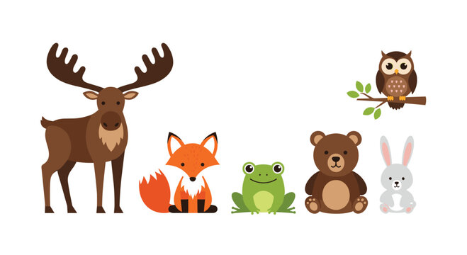 Adorable gathering of six charming forest animals: a majestic moose, cunning fox, happy frog, cuddly bear, cute rabbit, and a wise owl perched on a branch.