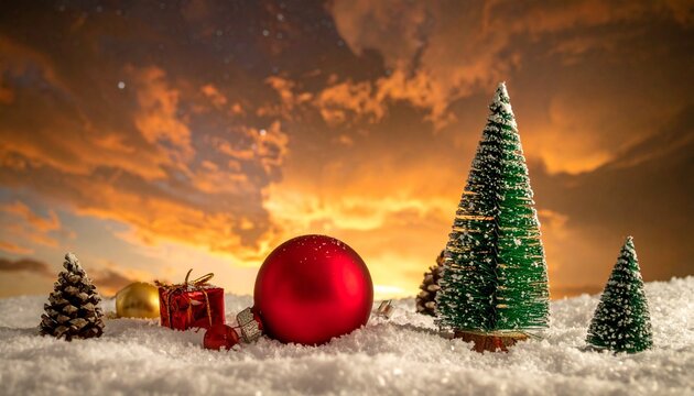 Christmas Decorations on Snowy Surface with Warm Bokeh Background