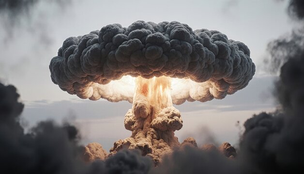 Mushroom cloud rises dramatically against a clear sky during a powerful explosion event Generative AI - Powered by Adobe
