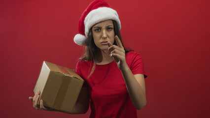 Woman wearing santa hat holding cardboard box points finger at camera in red studio; holiday delivery frustration.