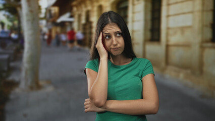Fototapeta premium Woman holding temple with hand and arms crossed in green t shirt on street near stone building; frustration.