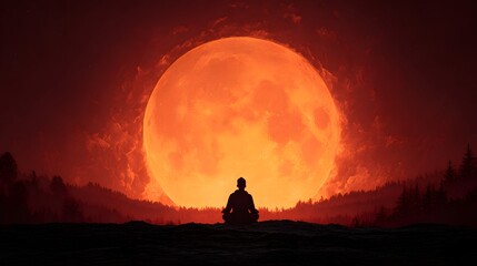 Solitary figure meditates in silhouette before a colossal orange celestial body rising over a forest horizon