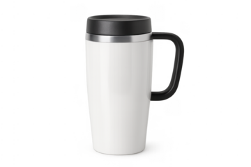 White thermal travel mug with black handle