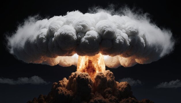 Powerful explosion creates a massive mushroom cloud over dark skies at dusk Generative AI - Powered by Adobe