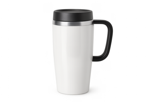 White thermal travel mug with black handle