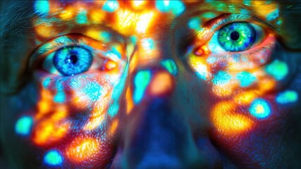 Close-up of an eye with vibrant colors and abstract patterns, creating a surreal digital art piece. - Powered by Adobe