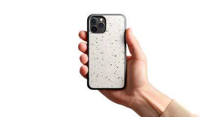 The Hand holding cellphone: A hand presents a modern cellphone, showcasing its sleek design and advanced features, emphasizing the intersection of technology and personal connectivity.